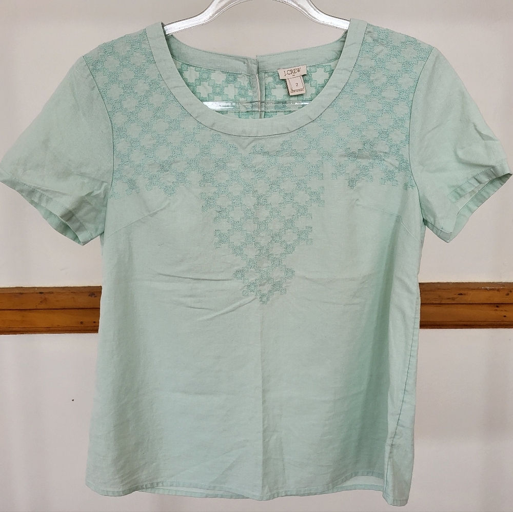 J. Crew linen mint green embroidered top, Size 2